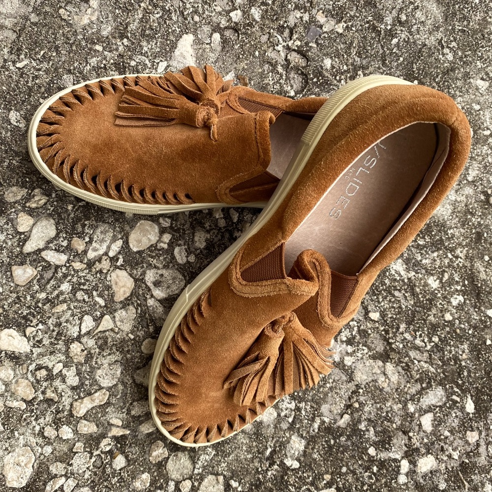 J/Slides Camel Suede Perforated Tassel Platform L… - image 1